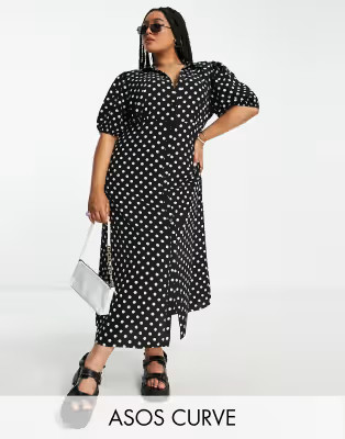 ASOS DESIGN Curve button front midi shirt tea dress in mono spot | ASOS (Global)