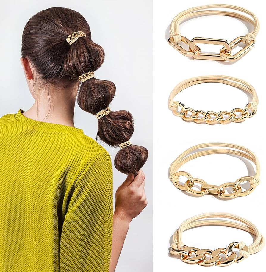 4-Pack Gold Hair Ties - Cute Wrist Bracelet and Practical Elastic Design, Use as Hair Tie or Fash... | Amazon (US)