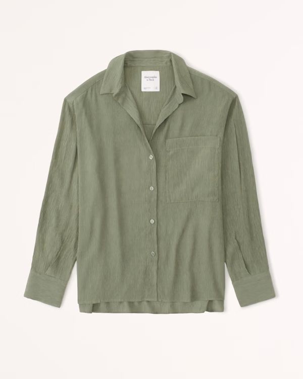 Oversized Long-Sleeve Crinkle Button-Up Shirt | Abercrombie & Fitch (US)