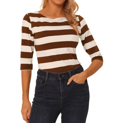 INSPIRE CHIC Women's Stripes Casual Basic Elbow Sleeves Boat Neck Slim Fit T-Shirts Large Brown | Target