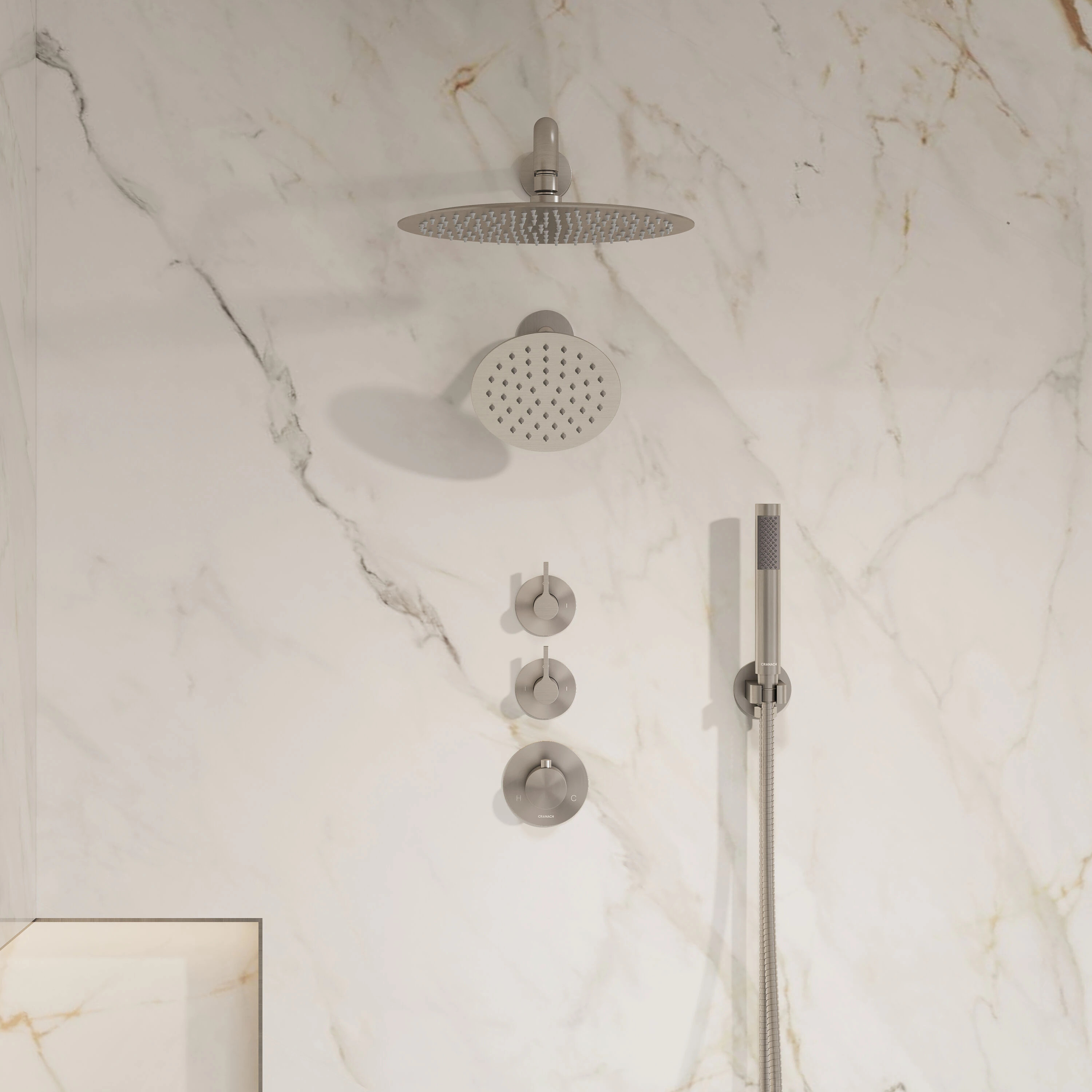 CRANACH TINIAN Brushed Nickel 12-inch Round Dual-Head Shower System with Handheld and Thermostatic Valve one_size | C04.TN03.BN | Lowe's
