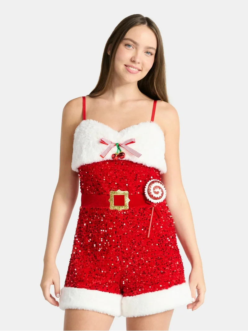 No Boundaries Christmas Santa Romper with Faux Fur Trim, Women’s | Walmart (US)