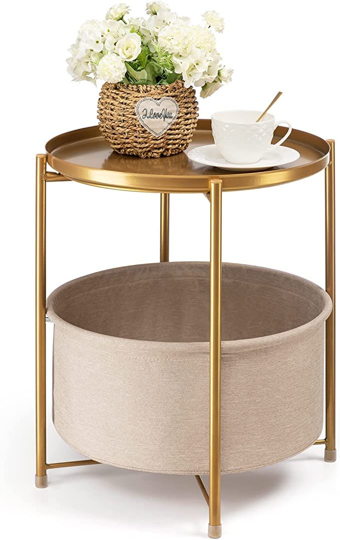 danpinera Round Side Table with Fabric Storage Basket, Metal Side Table Small Bedside Table Night... | Amazon (US)