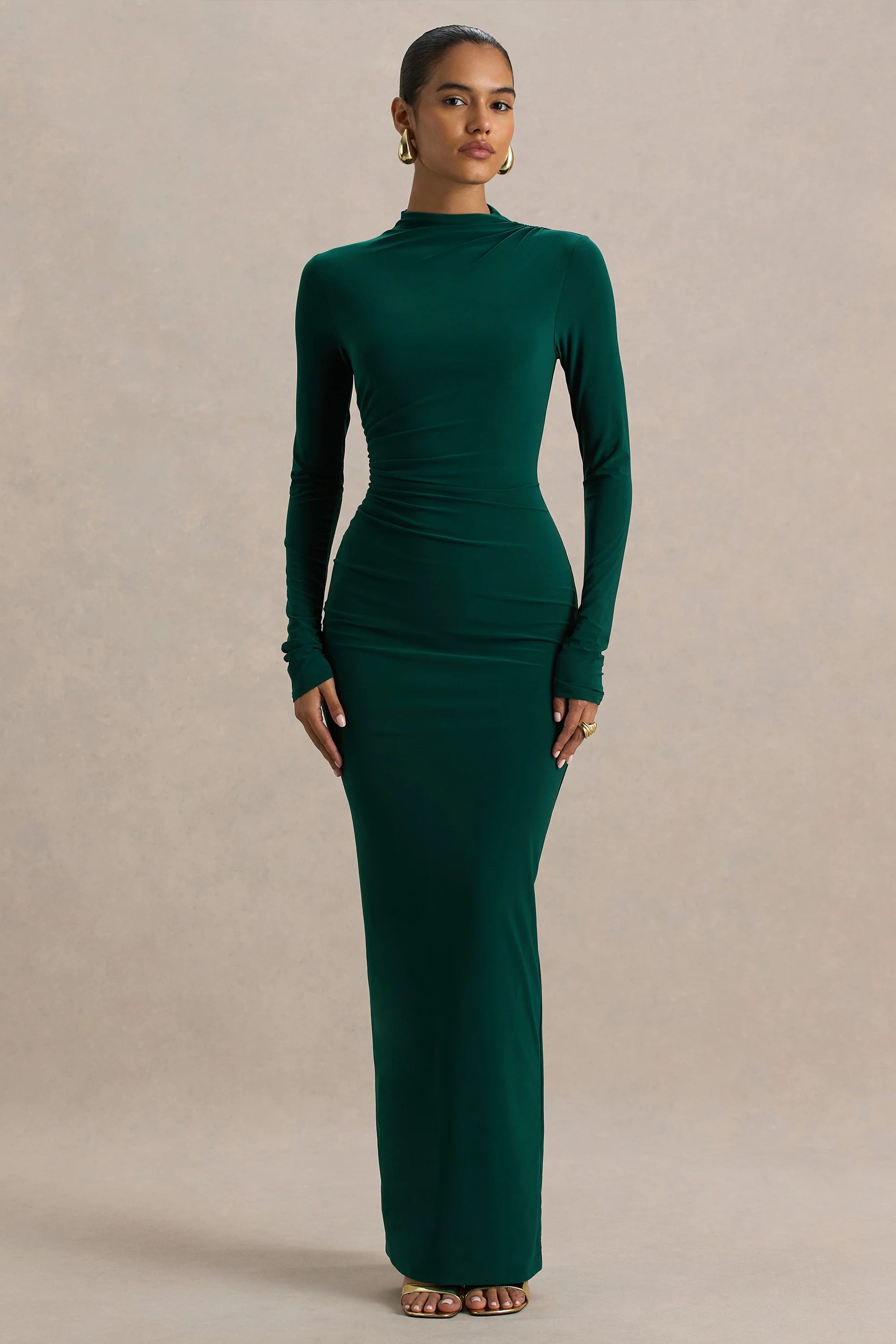 Eden   Bottle Green High-Neck Maxi Dress With Ruched Detailing | Club L London