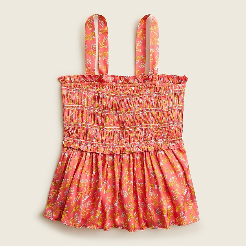 Smocked featherweight satin tank in coral meadow floral | J. Crew US