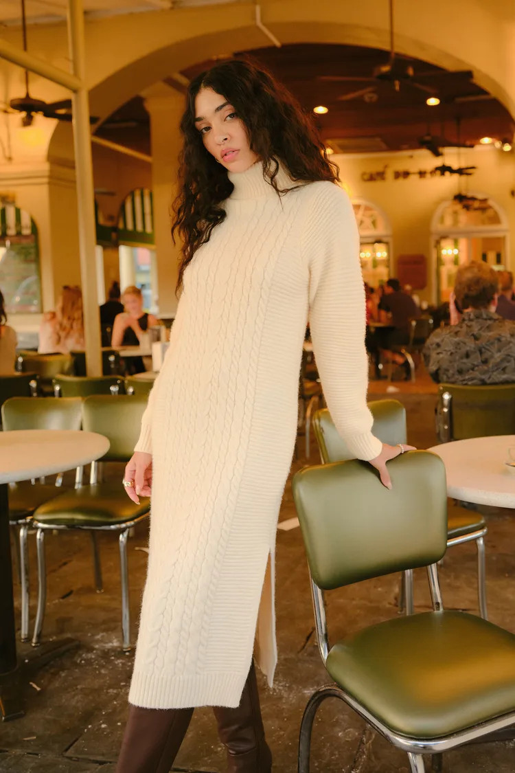 Snuggly Forecast Cream Cable Knit Turtleneck Sweater Midi Dress | Lulus (US)