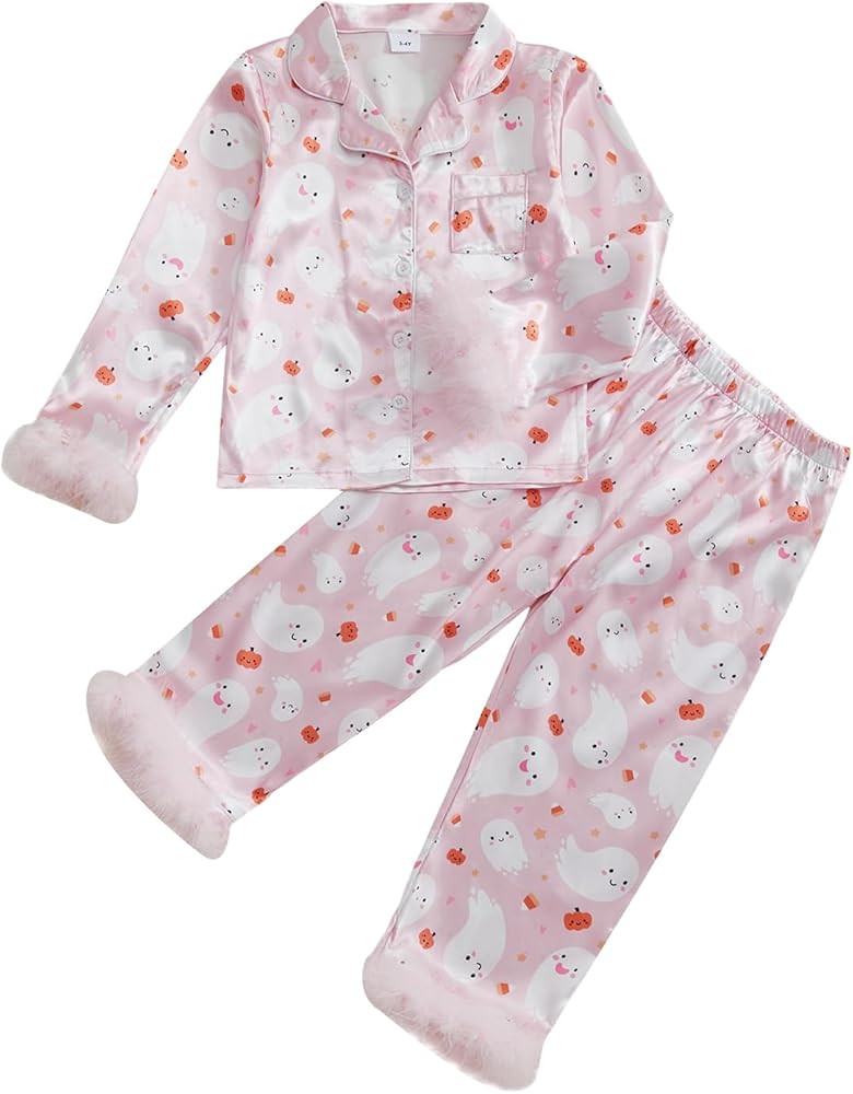 Toddler Baby Girls Silk Satin Pajamas Set Feather Trim Long Sleeve Botton Shirt Tops Pajama Pant ... | Amazon (US)
