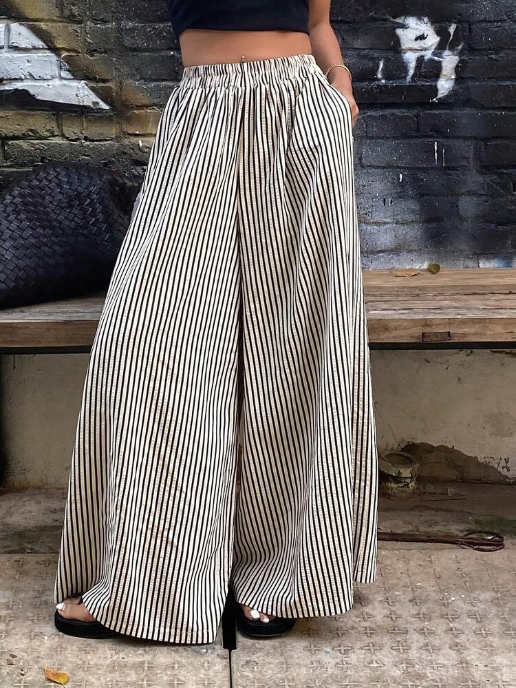Women's Spring Summer Casual Elegant Striped Wide Leg Pants With Elastic Waist And Pockets - Loose Casual Pants For Spring Summer | SHEIN