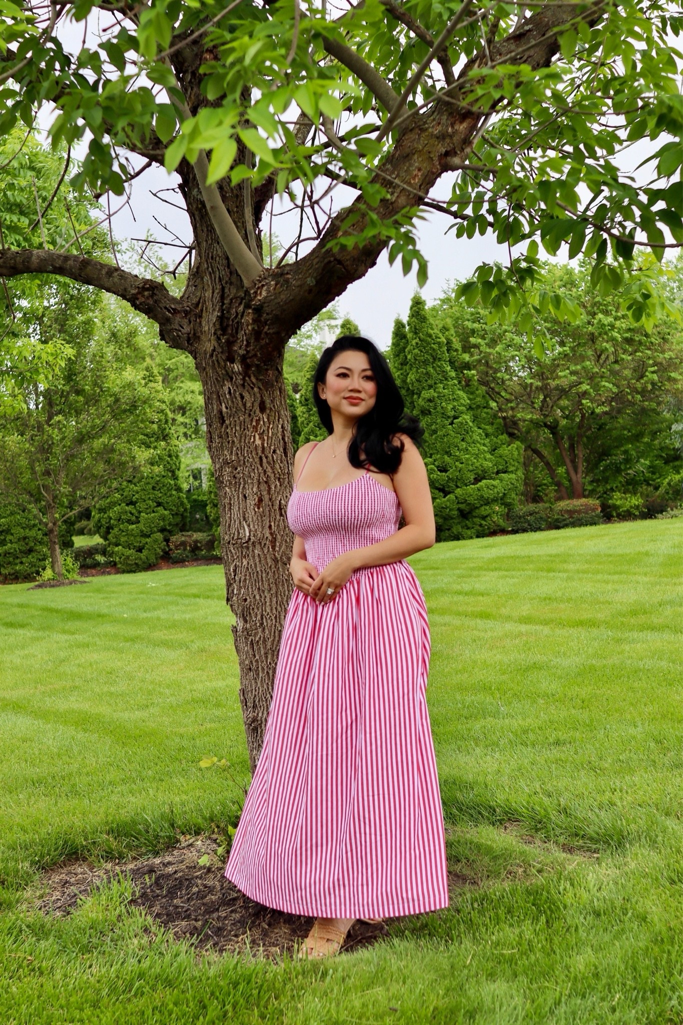 A&F Sydney Smocked Dipped-Waist Midi Dress // Flattering midi dress in our soft poplin fabric. Features smocking details along the bodice, adjustable straps, a scoop neckline and a flowy skirt. Wearing size small in Red Stripe.

#LTKxAbercrombie #LTKmomlife #LTKootd