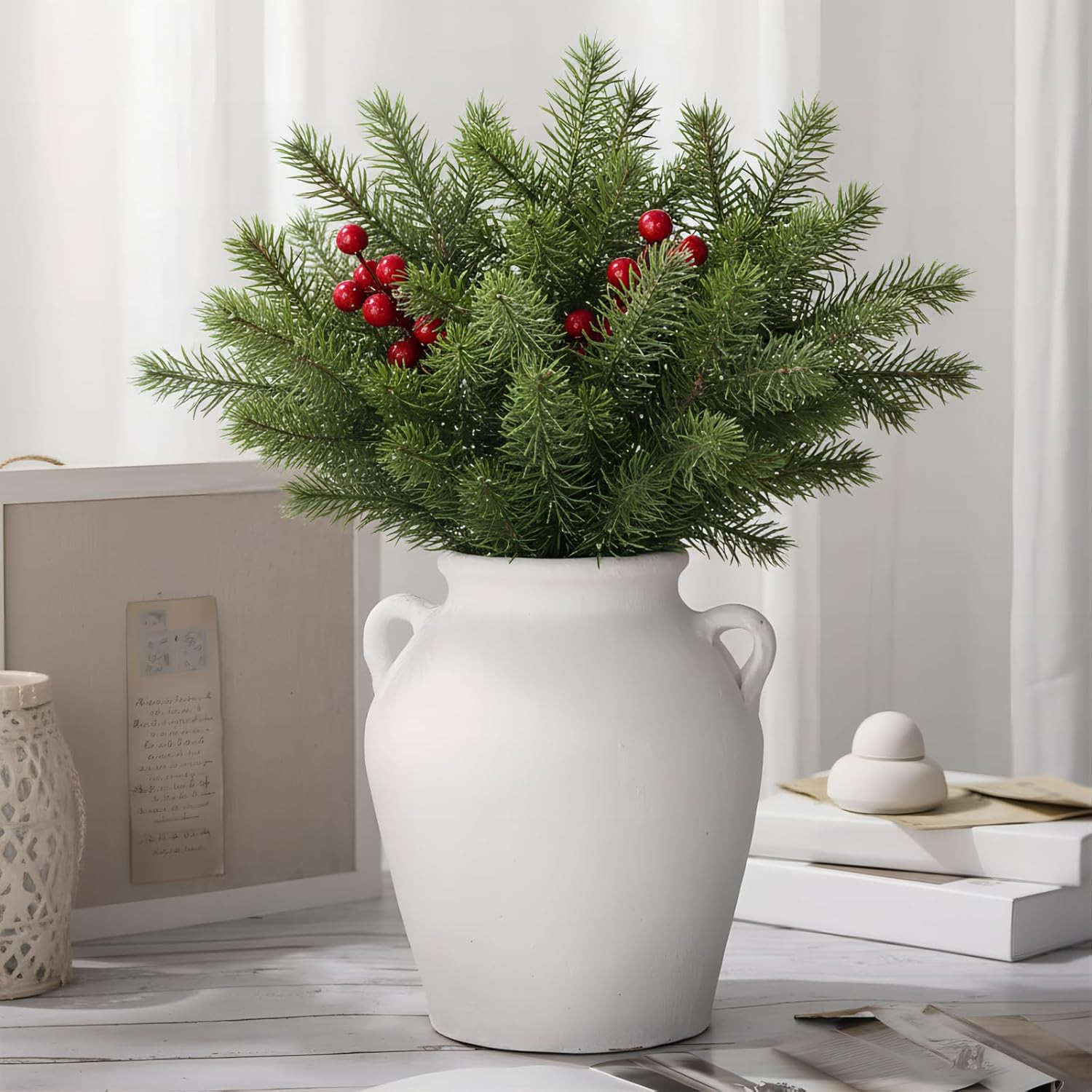 Mimorou Christmas Norfolk Pine Branches Ceramic Vase with 2 Handles 11 Inch Tall Terracotta Rusti... | Amazon (US)