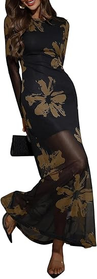 Verdusa Women's Fall Wedding Guest Dress Floral Mesh Maxi Dresses Elegant Formal Long Sleeve Cock... | Amazon (US)