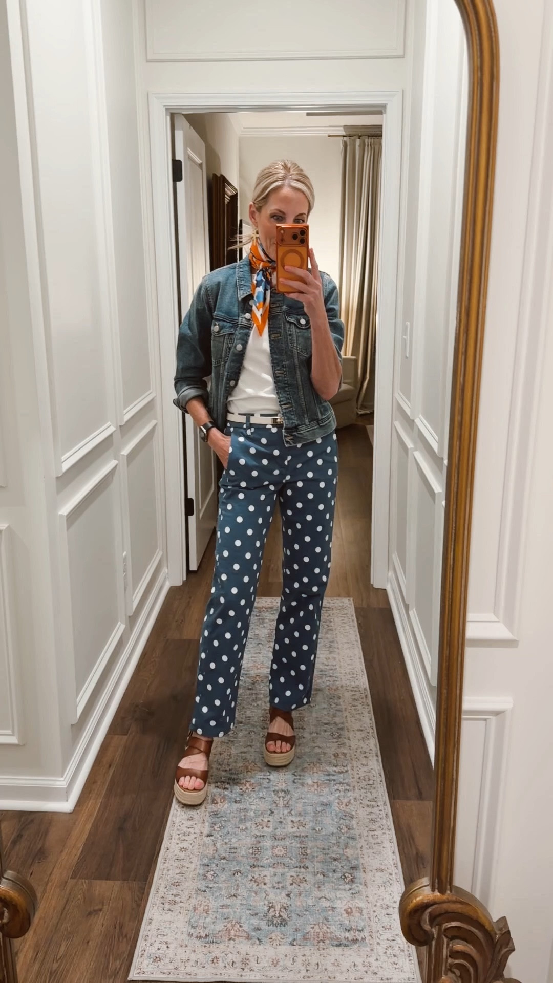 Teacher OOTD. @jcrew factory denim jacket, polkadot pants, white shirt  