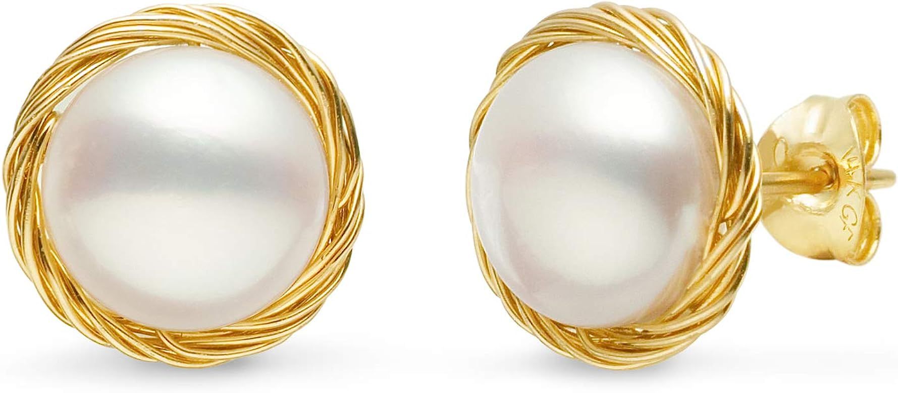 Pearl Stud Earrings for Women 14K Gold Filled 9-9.5mm White Real Freshwater Cultured Pearl Earrings  | Amazon (US)