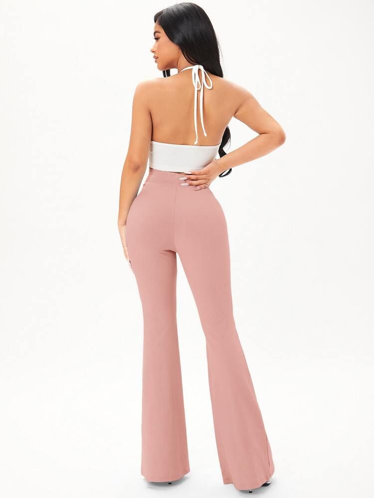 SHEIN Solid Rib Knit Flare Leg Pants | SHEIN