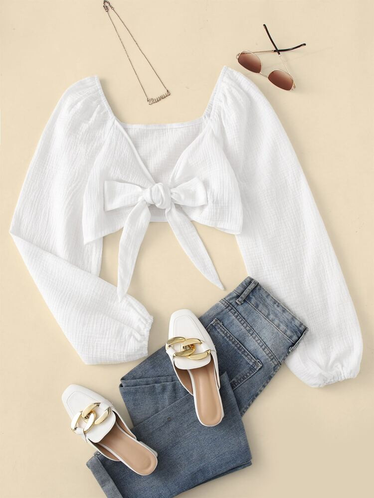 Knot Front Lantern Sleeve Crop Top | SHEIN