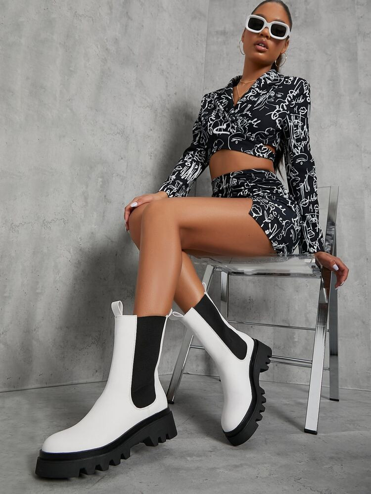 Faux Leather Mid-Calf Lug Sole Chelsea Booties | SHEIN