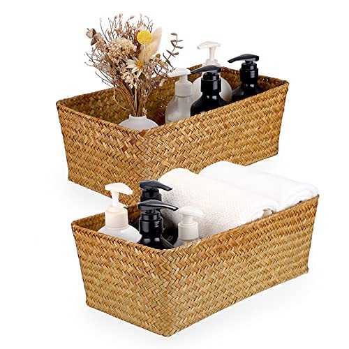 OGANAZI Set of 2 Wicker Storage Baskets for Shelves, Simple Organizing Basket for Home Shelf Baskets Woven Wicker Organizer Bins Shelf Baskets for Organizing Wardrobe Desktop Home Decor, Caramel | Amazon (US)