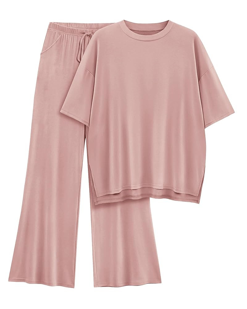 Womens Lounge Set 2 Piece Outfits Casual Loose Fit Short Sleeve Tops and Wide Leg Pants Tracksuit... | Amazon (US)
