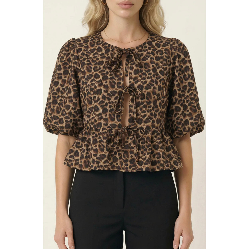 Modenaire Peplum Top With Front Tie Closures And Short Puff Sleeves in Leopard Print at Nordstrom, Size X-Large | Nordstrom