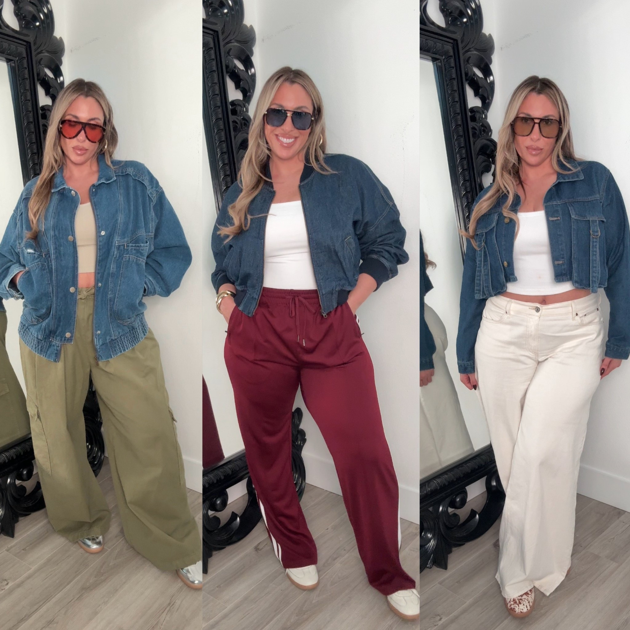 Outfit 1:
Long denim bomber XXL (sized up)
tank L
Asos green drawstring cargo pants wrg a 12 (run very big I could have sized down to a 10) Also linked another option from the gap. 
silver adidas samba TTS

Outfit2:
Short Denim Bomber L (size down runs big) 
White tube top size L
Burgundy track pants sized up to XXL reg length (pants stretch but sizes up to give more leg room)
Neutral adidas samba 

Outfit3
Denim cropped cargo shirt XL
tube top XL
The most amazing Wide Leg Jeans stretchy & soft size 31L (12) (not wearing the curve love & the fit is great) 
cow print adidas (sooo cute) 



#LTKMidsize #LTKStyleTip #LTKFindsUnder50