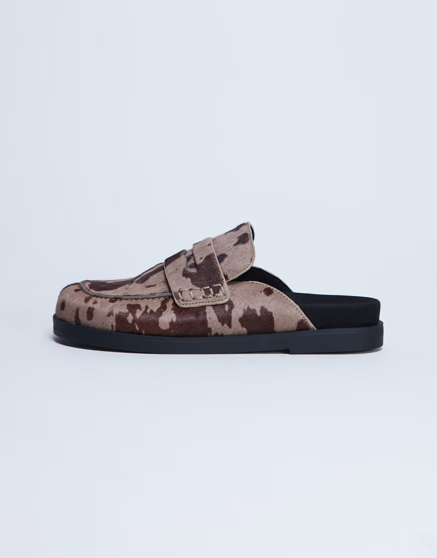 Topshop Addie mule loafer in cow print hair on real leather-Brown | ASOS (Global)
