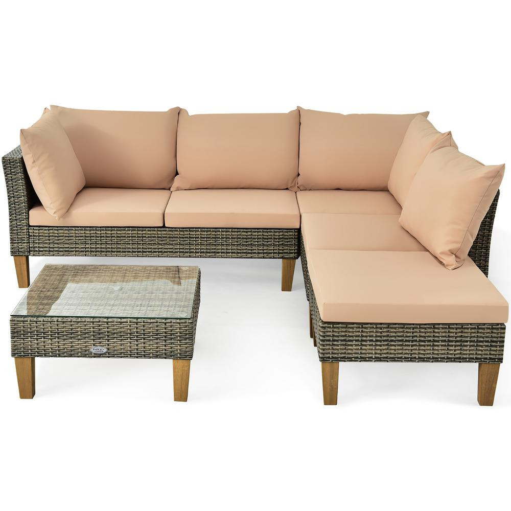 Costway Wicker Outdoor Loveseat with Beige Cushions | The Home Depot