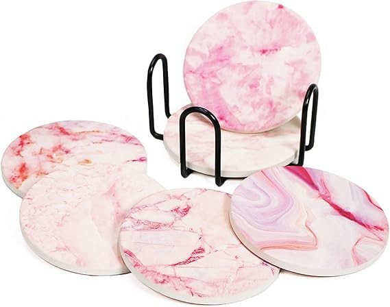 AD Set of 6 Coasters with Holder for Drinks Absorbing Round Ceramic Stone Coaster with Cork Base,... | Amazon (US)