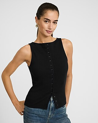 Ribbed Boat Neck Button Front Knit Tank | Express