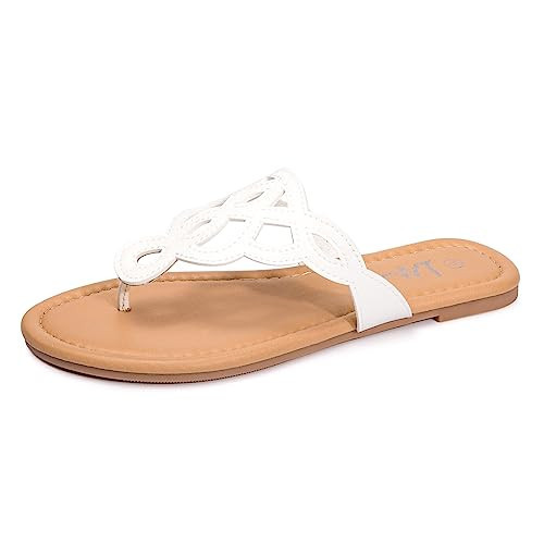 LM Women's Thong Sandals T-Strap Sandals Slip On Flat Sandals Flip Flop Casual Summer Slide Sandals (9, White) | Amazon (US)