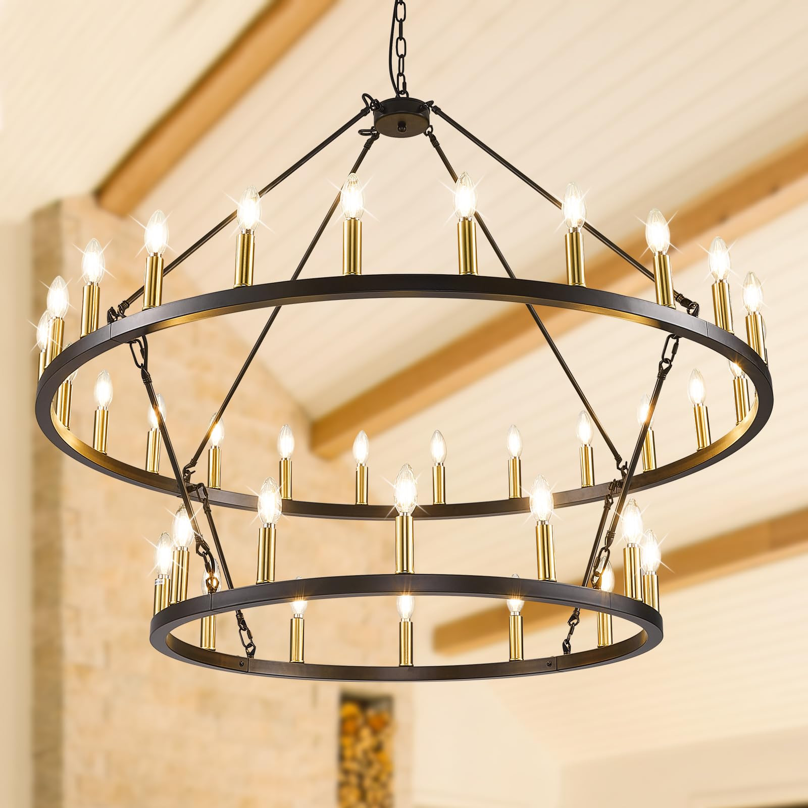 47" Wagon Wheel Chandelier, 2 Tiers 36-Light Large Farmhouse Chandelier for High Ceilings, Black ... | Amazon (US)
