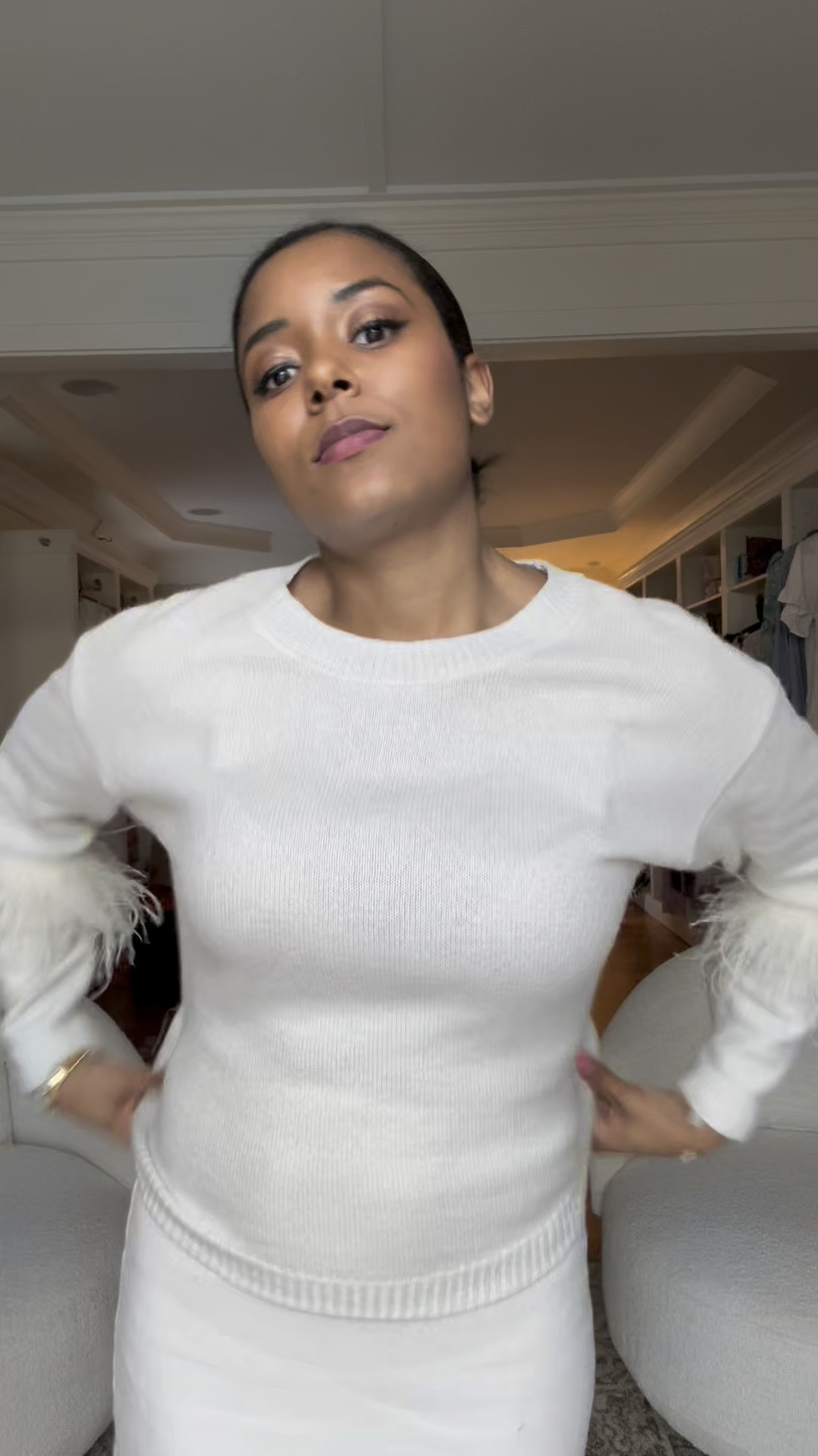 Dillards, Zara, Banana Republic, Julie Vos, Susan Shaw, all white outfit, winter to spring transitional outfit, ballet heels, crew neck sweater, midi skirt, gold jewelry, oversized fur coat