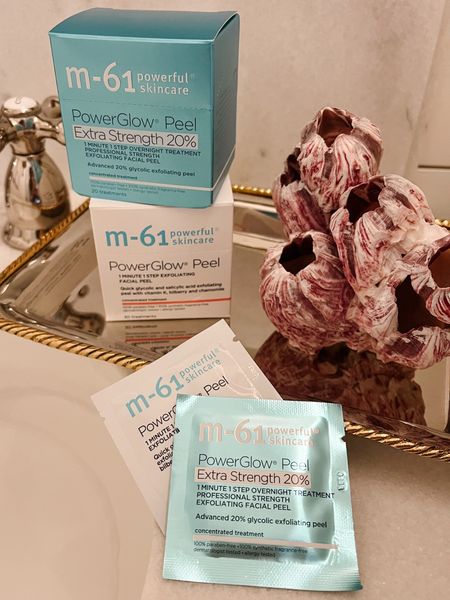 I love these M-61 pads and I’ve used them for years. I alternate between the two but prefer the stronger (blue box). 50% off right now with code FIFTYOFF at Blue Mercury! 

BLUE BOX: 
M-61 PowerGlow Peel Extra Strength 20% (blue box - my FAVE) 1 minute, 1 step advanced overnight exfoliating peel that leaves skin glowing. 20% glycolic acid. Exfoliates, clarifies and firms skin. Reduces and improves pore size. Improves skin tone, texture and clarity. Crazy glow!

Discount below:
8 treatments ($19)
20 treatments ($36)

WHITE BOX:
M-61 PowerGlow Peel (white box) Resurface and clarify skin in 1 step. Contains glycolic and salicylic acid, improving skin's tone and texture while reducing pore size and chamomile and lavender to calm and soothe.

Discount below:
10 treatments ($16)
20 treatments ($34)
60 treatments ($59)

#LTKsalealert #LTKover40 #LTKbeauty