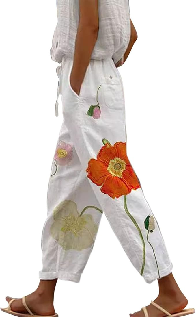 CRNTCEM Womens Straight Leg Linen Pants Drawstring High Waisted Yoga Beach Pants 2024 Summer Plus... | Amazon (US)