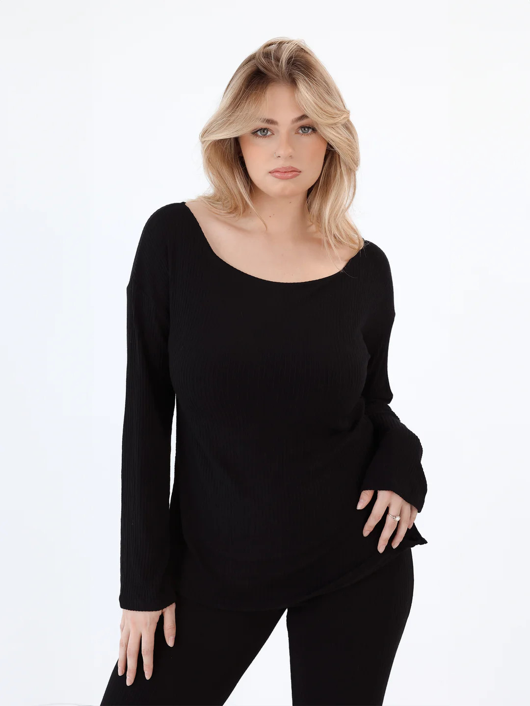 Soft Ribbed Long Sleeve Boat Neck Brami (Full Length) | Klassy