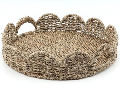 Scalloped Edge Round Serving Tray, Round Wicker Serving Tray with Built-in Handles, Decorative Trays for Coffee Table, Seagrass Rattan Tray for Ottoman, Room Decorative and Organizer Trays,1 Pack | Amazon (US)