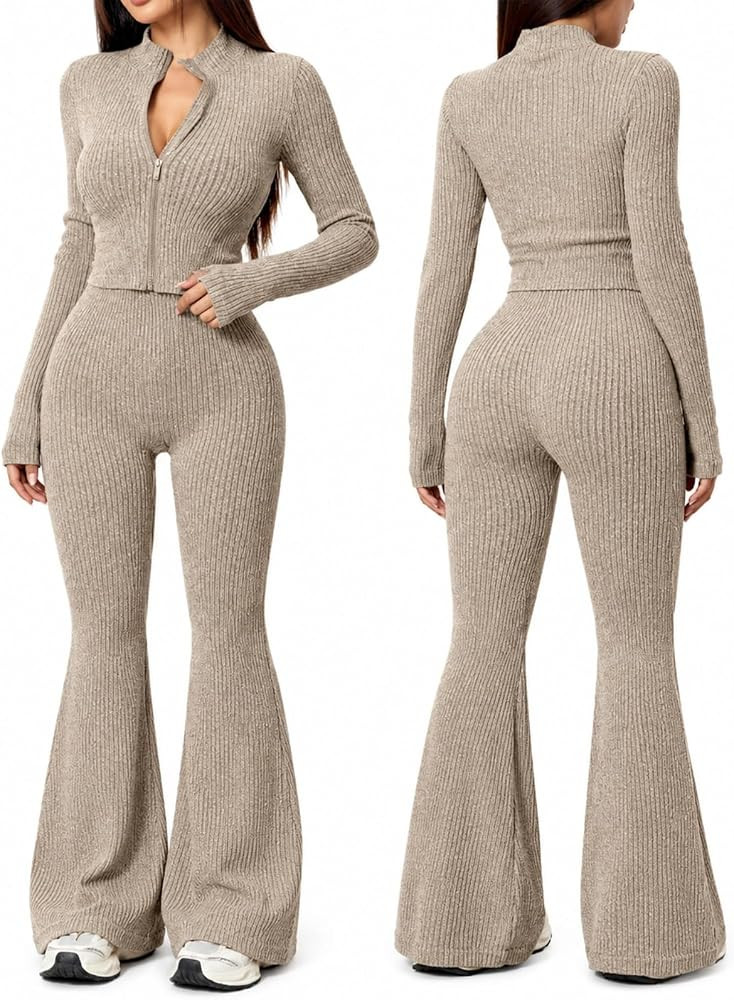 Women's 2 Piece Ribbed Knit Set, Cropped Fitted Zip Top and Flare Pants | Amazon (US)