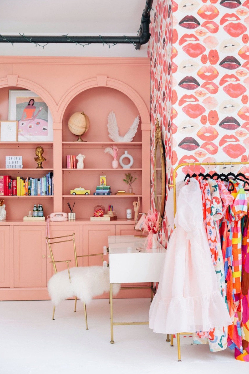 Bold lipstick wallpaper pink and red dressing room makeup vanity area 

#LTKHome