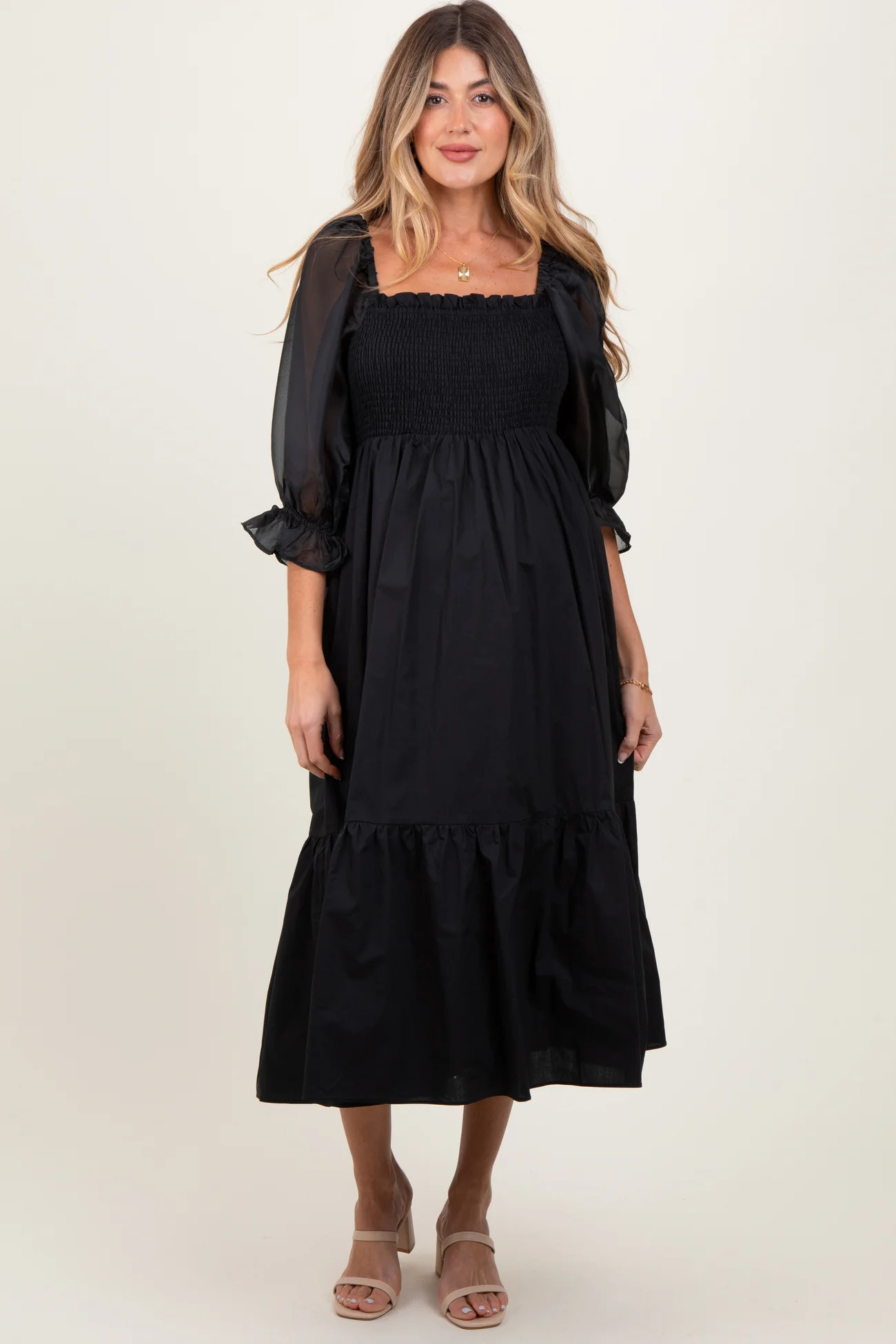 Black Chiffon Smocked Puff Sleeve Maternity Midi Dress | PinkBlush Maternity