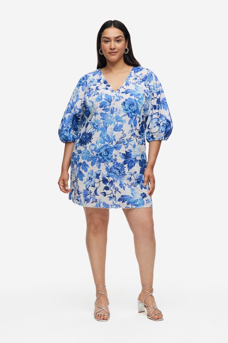 Dress with Eyelet Embroidery - White/blue floral - Ladies | H&M US | H&M (US + CA)