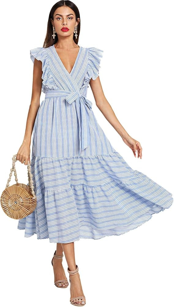 Women Striped Wrap V Neck Fit Flare Ruffle Sundress Belted Dress | Amazon (US)