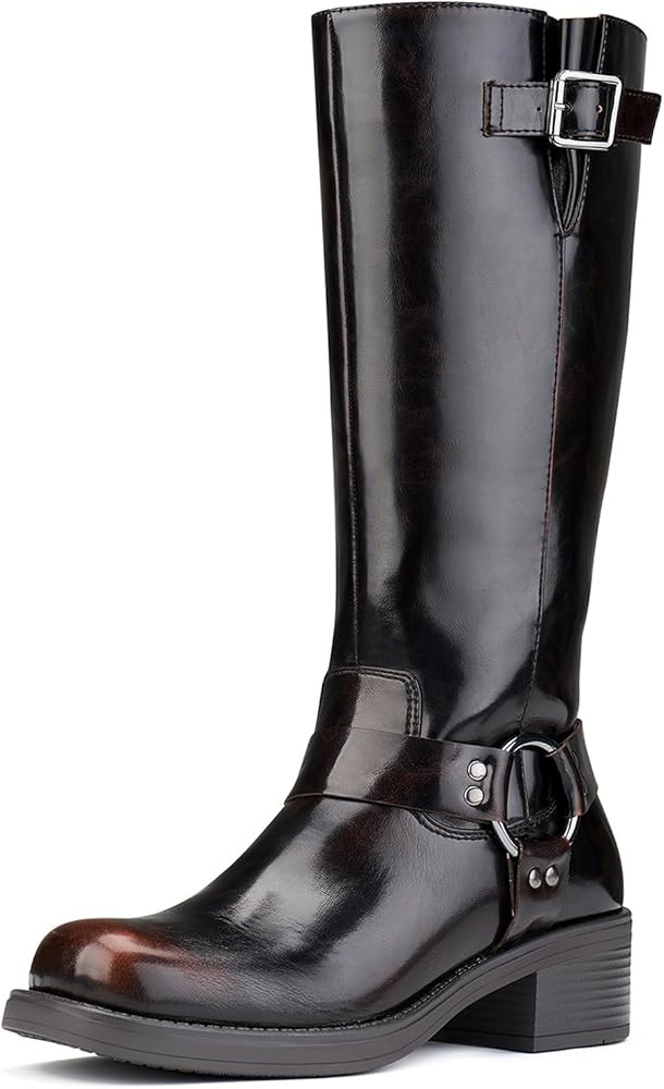 ZURIN Women's Knee High Boots Fashion Buckle Riding Boots Square Toe Chunky Block Heel Vintage Bi... | Amazon (US)