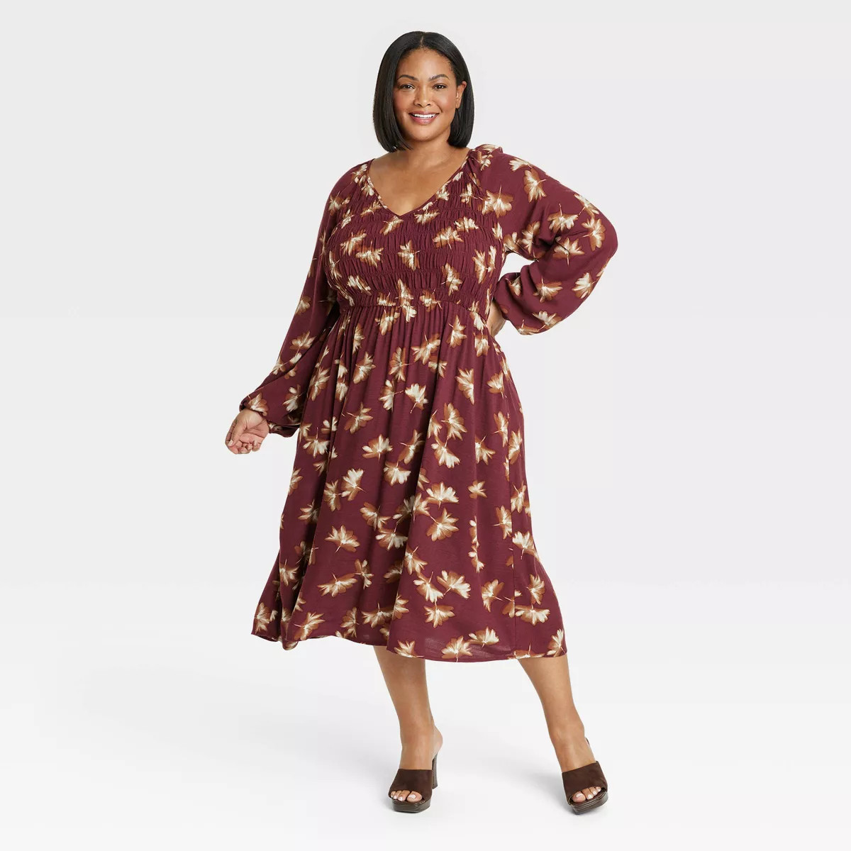 Women's Balloon Long Sleeve Smocked Midi Bodice Dress - Ava & Viv™ | Target