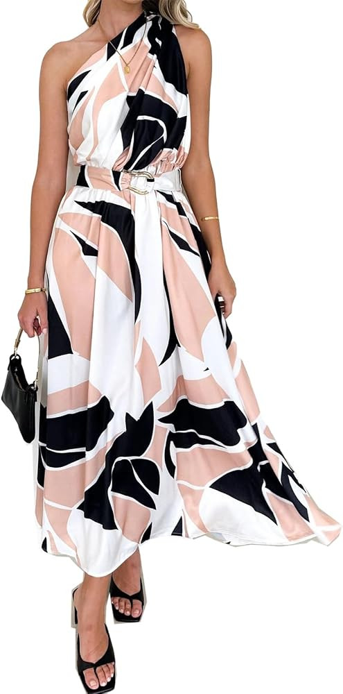 Qikaka Women's Sleeveless One Shoulder Printed Belted A-line Sexy Nightclub Party Casual Dress | Amazon (US)
