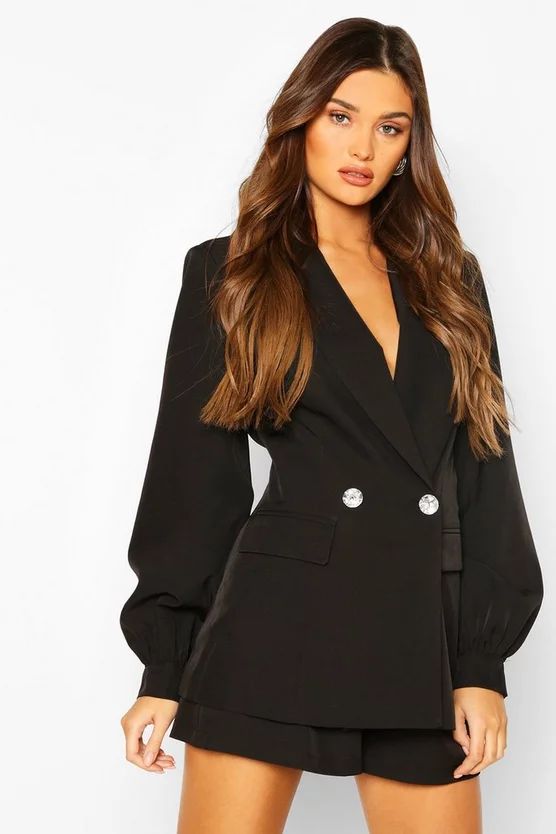 Volume Sleeve Diamante Button Blazer | Boohoo.com (US & CA)