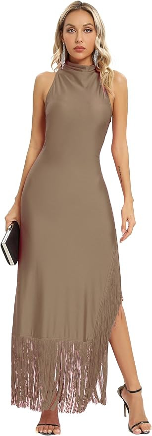 Aigeman Women Vintage Flapper Dresses 1920s Great Gatsby Halter Fringed Maxi Dress Tassels High S... | Amazon (US)