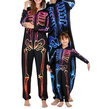 Hirigin Family Matching Halloween Pajamas 3D Fluorescent Skeleton Jumpsuit One Piece Hooded Zip Up S | Walmart (US)