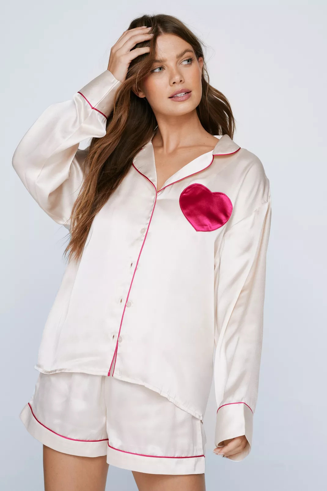 Recycled Satin Contrast Heart Pocket Pj Shirt & Short Set | Nasty Gal (US)