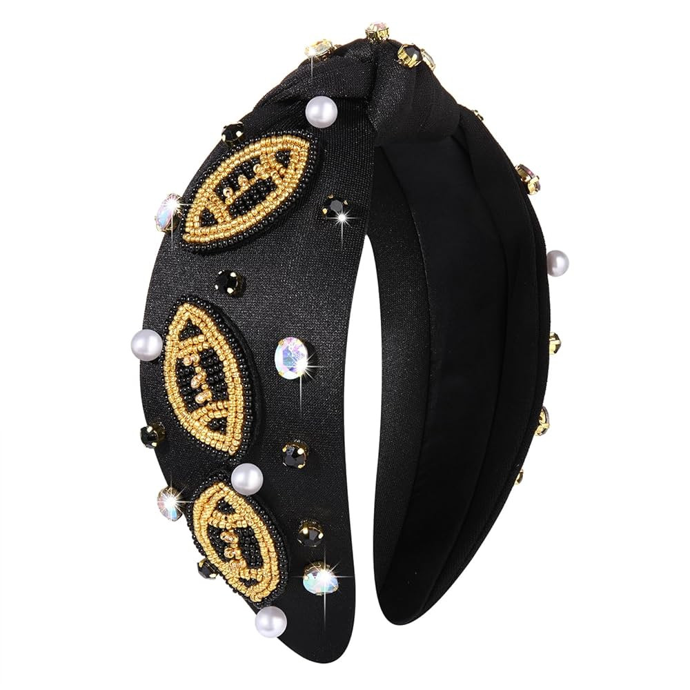 Football Knotted Headbands for Women Game Day Sports Headband Pearl Crystal Bejeweled Wide Top Kn... | Amazon (US)