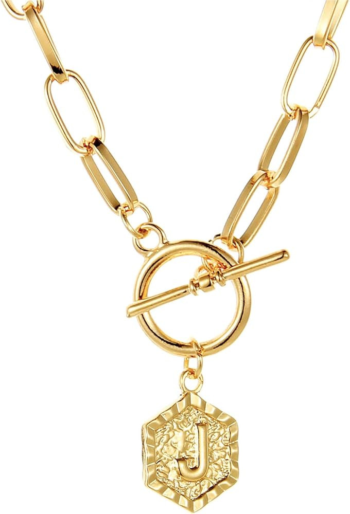 BMMYE 14K Gold Chunky Link Chain Necklace Initial Letter Pendant Hexagon Medallion Minimalist Jew... | Amazon (US)