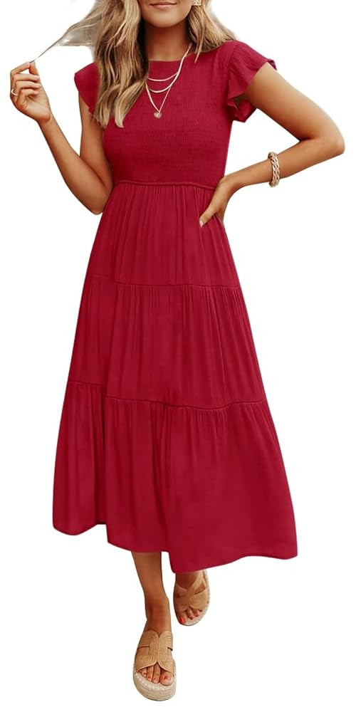Coloody Women's Summer Casual Midi Dress Boho Flutter Sleeve Crew Neck Smocked Flowy Tiered A-Lin... | Amazon (CA)